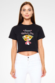 Anneler Günü Baskılı Siyah Crop Top Kadın Tişört - Tshirt
