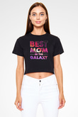 Anneler Günü Baskılı Siyah Crop Top Kadın Tişört - Tshirt