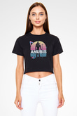 Anubis Baskılı Siyah Crop Top Kadın Tişört - Tshirt
