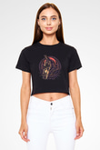 Anubis Baskılı Siyah Crop Top Kadın Tişört - Tshirt