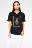 Anubis Baskılı Unisex Siyah V Yaka Tişört - Tshirt