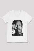 Asap Rocky Baskılı Beyaz Unisex V Yaka Tişört - Tshirt