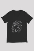 Aslan Baskılı Unisex Siyah  V Yaka Tişört