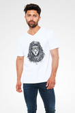 Aslan Beyaz Unisex V Yaka Tişört T-Shirt