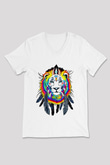 Aslan Beyaz Unisex V Yaka Tişört T-Shirt