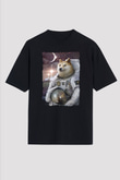 Astronot Husky Baskılı Unisex Siyah Tişört
