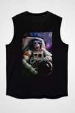 Astronot Maymun Baskılı Unisex Siyah  Kolsuz Tişört