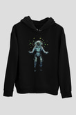 Astronot Siyah Unisex Kapşonlu Sweatshirt
