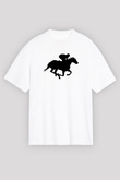 At Yarışı Baskılı Unisex Beyaz Oversize Tişört - Tshirt