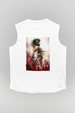 Attack On Titan Baskılı Beyaz Unisex Kolsuz Tişört - Tshirt