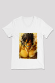 Attack On Titan Baskılı Beyaz Unisex V Yaka Tişört - Tshirt