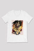 Attack On Titan Baskılı Beyaz Unisex V Yaka Tişört - Tshirt