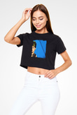 Audrey Hepburn Baskılı Siyah Kadın Crop Top Tişört