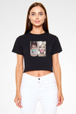 Audrey Hepburn Baskılı Siyah Kadın Crop Top Tişört