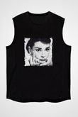 Audrey Hepburn Baskılı Unisex Siyah Kolsuz Tişört