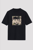 Audrey Hepburn Baskılı Unisex Siyah Oversize Tişört