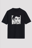 Audrey Hepburn Baskılı Unisex Siyah Oversize Tişört