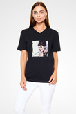 Audrey Hepburn Baskılı Unisex Siyah V Yaka Tişört