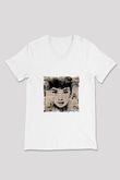 Audrey Hepburn Baskılı V Yaka Unisex Beyaz Tişört