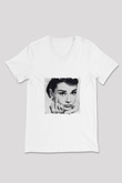 Audrey Hepburn Baskılı V Yaka Unisex Beyaz Tişört