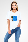 Audrey Hepburn Baskılı V Yaka Unisex Beyaz Tişört