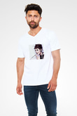 Audrey Hepburn Baskılı V Yaka Unisex Beyaz Tişört