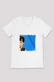 Audrey Hepburn Baskılı V Yaka Unisex Beyaz Tişört