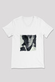Audrey Hepburn Baskılı V Yaka Unisex Beyaz Tişört