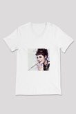 Audrey Hepburn Baskılı V Yaka Unisex Beyaz Tişört