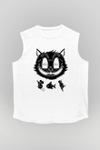 Avcı Kedi Baskılı Unisex Beyaz  Kolsuz Tişört