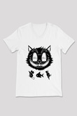 Avcı Kedi Baskılı Unisex Beyaz  V Yaka Tişört