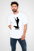Avcılık Baskılı Unisex Beyaz Oversize Tişört - Tshirt