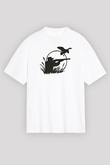 Avcılık Baskılı Unisex Beyaz Oversize Tişört - Tshirt