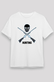 Avcılık Baskılı Unisex Beyaz Tişört - Tshirt