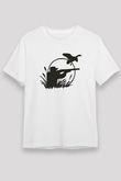 Avcılık Baskılı Unisex Beyaz Tişört - Tshirt