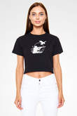 Avcılık - Hunting Baskılı Crop Top Siyah Kadın Tişört - Tshirt