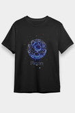 Ay Çizim Baskılı Unisex Siyah Tişört - Tshirt