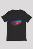 Azerbaycan - Azerbaijan Bayrağı Baskılı Unisex Siyah V Yaka Tişört