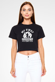 Babalar Günü Baskılı Siyah Crop Top Kadın Tişört - Tshirt