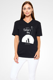 Babalar Günü Baskılı Unisex Siyah V Yaka Tişört - Tshirt