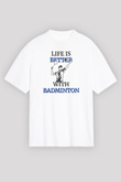 Badminton Baskılı Unisex Beyaz Oversize Tişört - Tshirt