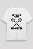 Badminton Baskılı Unisex Beyaz Tişört - Tshirt