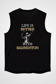 Badminton Baskılı Unisex Siyah Kolsuz Tişört