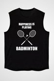 Badminton Baskılı Unisex Siyah Kolsuz Tişört
