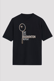 Badminton Baskılı Unisex Siyah Oversize Tişört