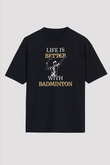 Badminton Baskılı Unisex Siyah Oversize Tişört