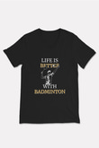 Badminton Baskılı Unisex Siyah V Yaka Tişört