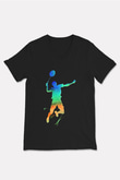 Badminton Baskılı Unisex Siyah V Yaka Tişört