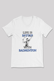 Badminton Baskılı Unisex V Yaka Tişört - Tshirt