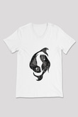 Balık Burcu Baskılı Beyaz Unisex V Yaka Tişört - Tshirt